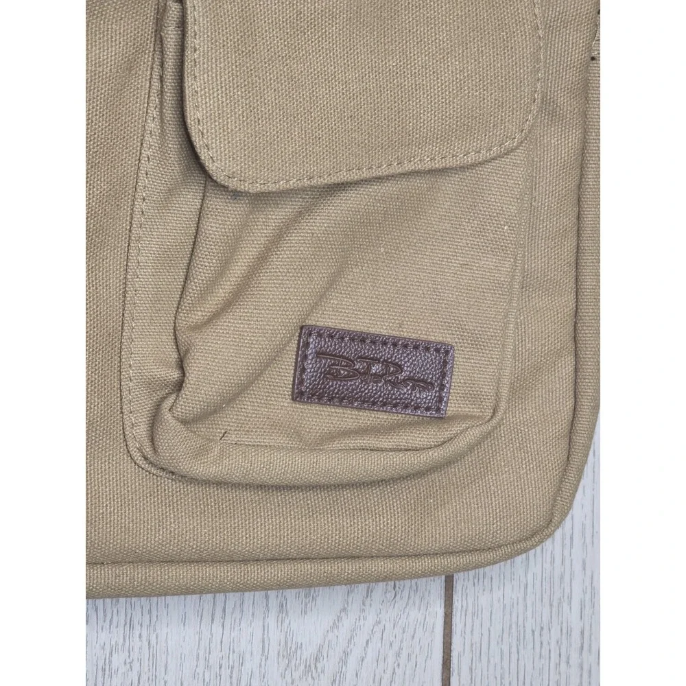 Bella Russo Khaki Canvas Laptop Messenger Bag Brown Trim Adjustable Strap 15in